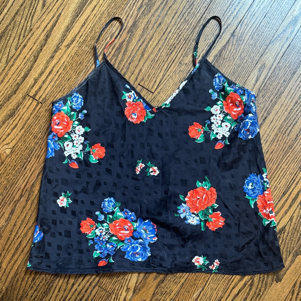 Tory Burch Black 100% Silk Floral V-Neck with Red & Blue Camisole 🌹 - Picture 2 of 8